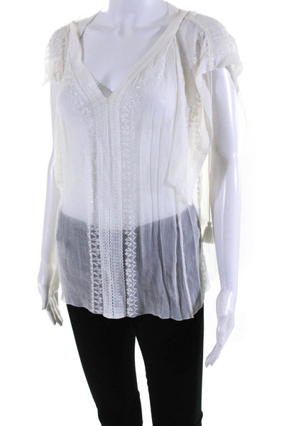 Elie Tahari Womens Chiffon Embroidery V Neck Short Sleeve Top Blouse White Small