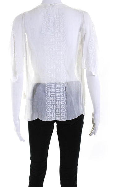 Elie Tahari Womens Chiffon Embroidery V Neck Short Sleeve Top Blouse White Small