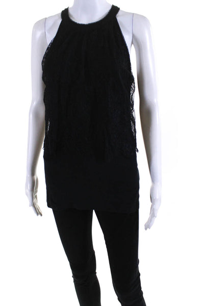 Elie Tahari Womens Layered Lace Jersey Sleeveless Halter Top Blouse Black Small