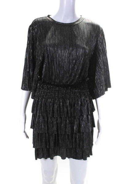 IRO Womens Short Sleeve Metallic Pleated Tiered Dress Silver Tone Black FR 36