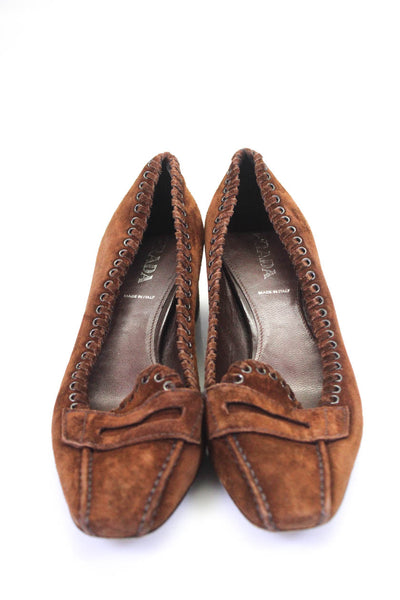 Prada Womens Suede Eyelet Trim Square Toe Slip On Loafer Heels Brown Size 36.5 6