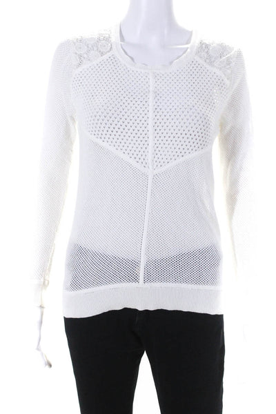 Sandro Paris Womens Cotton Open Knit Ribbed Hem Long Sleeve Shirt White Size S