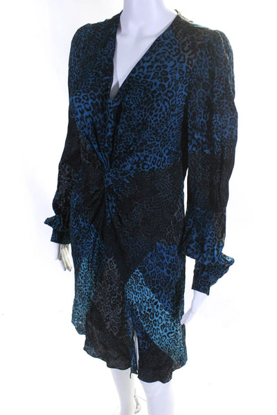Elie Tahari Women Leopard Print Long Sleeve Twist Sheath Dress Black Blue Size 6