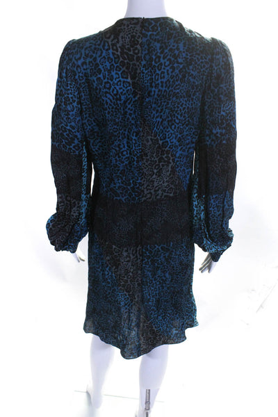 Elie Tahari Women Leopard Print Long Sleeve Twist Sheath Dress Black Blue Size 6