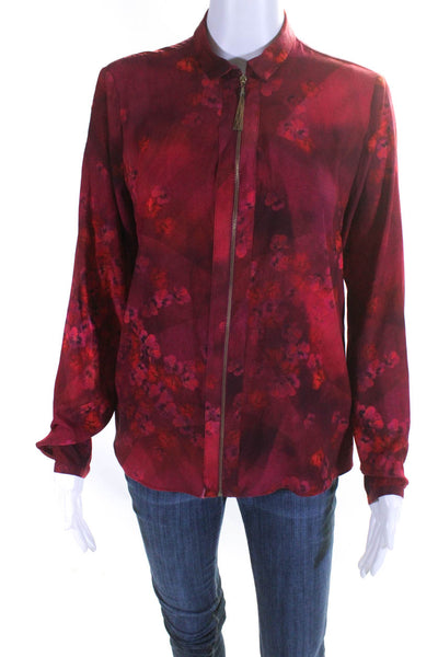 T Tahari Womens Front Zip Floral Long Sleeve Collared Top Blouse Magenta Small