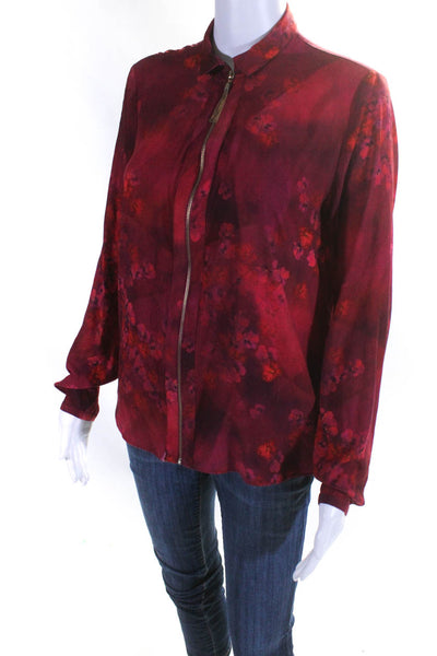 T Tahari Womens Front Zip Floral Long Sleeve Collared Top Blouse Magenta Small