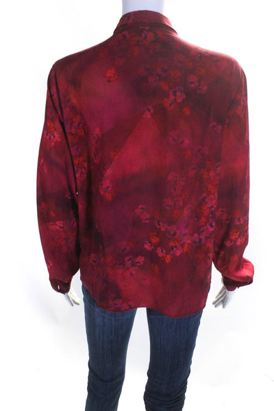 T Tahari Womens Front Zip Floral Long Sleeve Collared Top Blouse Magenta Small