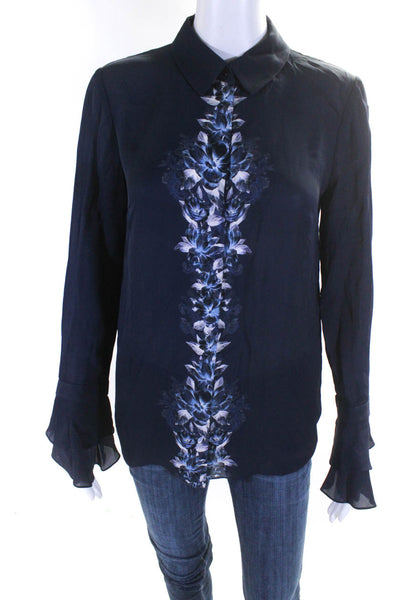 Elie Tahari Womens Long Sleeve Floral Button Up Top Blouse Navy Blue Size Small