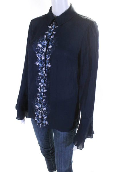 Elie Tahari Womens Long Sleeve Floral Button Up Top Blouse Navy Blue Size Small