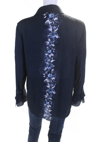 Elie Tahari Womens Long Sleeve Floral Button Up Top Blouse Navy Blue Size Small