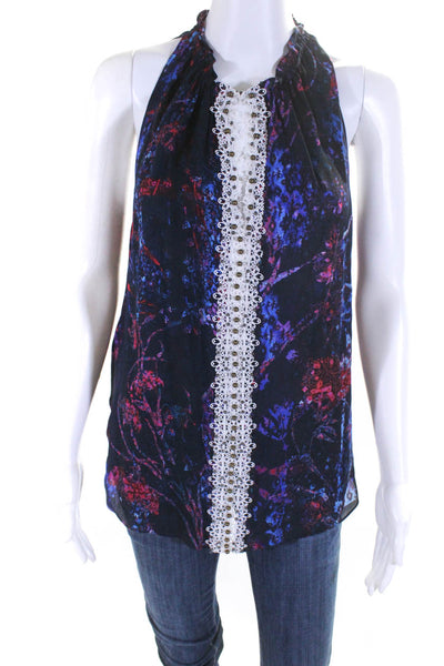 Elie Tahari Womens Beaded Lace Abstract Sleeveless Top Blouse Pink Blue Small