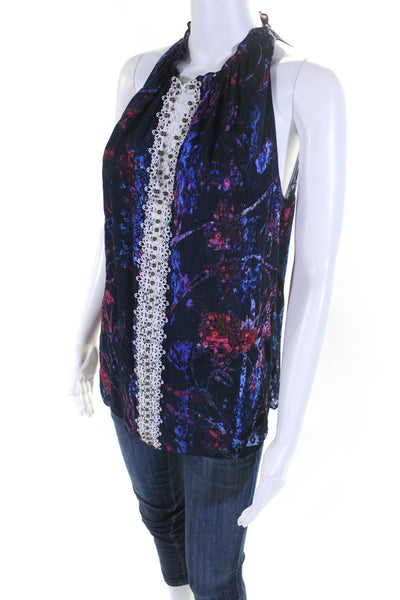 Elie Tahari Womens Beaded Lace Abstract Sleeveless Top Blouse Pink Blue Small