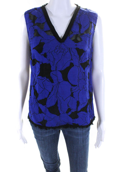 Elie Tahari Womens Floral Jacquard Sleeveless V Neck Top Blouse Black Size Small