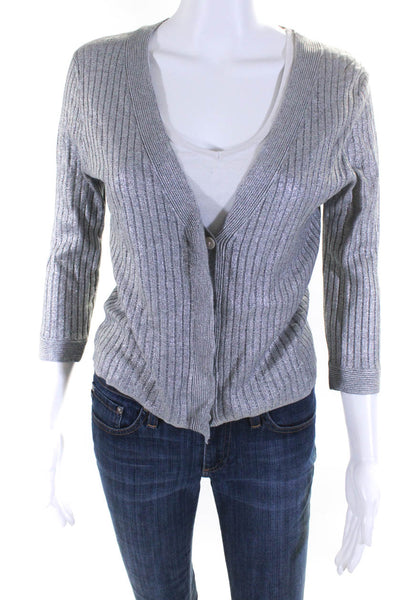 T Tahari Womens Metallic Coated V Neck Button Up Cardigan Sweater Silver Small