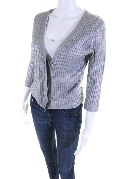 T Tahari Womens Metallic Coated V Neck Button Up Cardigan Sweater Silver Small