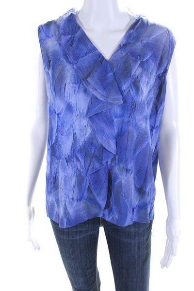 Elie Tahari Womens Graphic Feather Print Sleeveless V Neck Top Blouse Blue Small