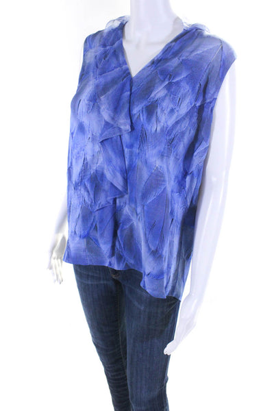 Elie Tahari Womens Graphic Feather Print Sleeveless V Neck Top Blouse Blue Small