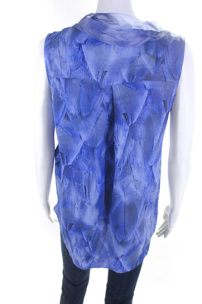 Elie Tahari Womens Graphic Feather Print Sleeveless V Neck Top Blouse Blue Small