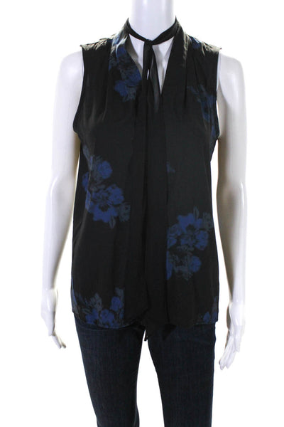 Tahari Womens V Neck Sleeveless Floral Shell Top Blouse Black Blue Size Small