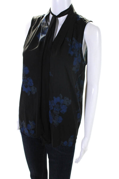 Tahari Womens V Neck Sleeveless Floral Shell Top Blouse Black Blue Size Small