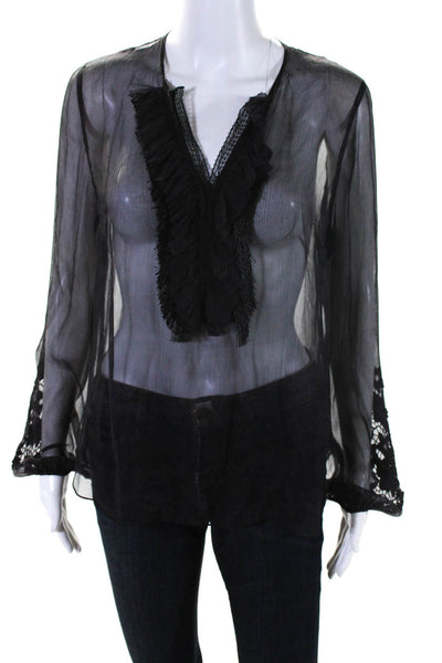 Elie Tahari Womens Chiffon Ruffle Fringe Long Sleeve Blouse Black Purple Small