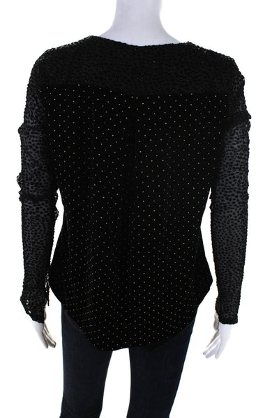 Designer Womens Long Sleeve Fil Coupe Velvet Y Neck Top Blouse Black Size Small