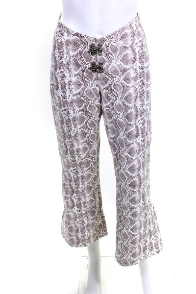 Leo Womens Faux Leather Snakeskin Print High Rise Pants White Brown Size Small