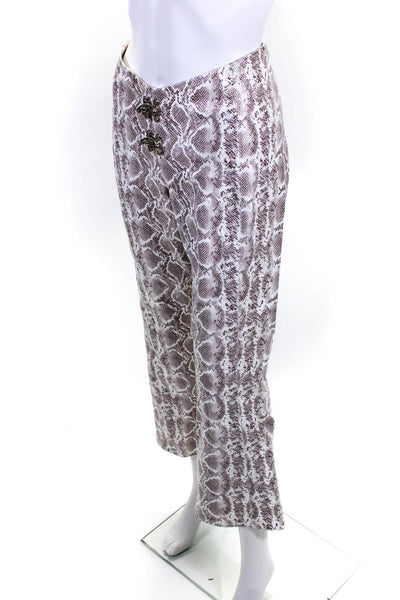 Leo Womens Faux Leather Snakeskin Print High Rise Pants White Brown Size Small