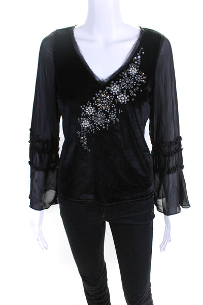 T Tahari Womens Embellished Velvet Long Sleeve V Neck Top Blouse Black Small