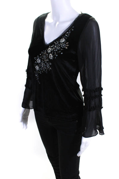 T Tahari Womens Embellished Velvet Long Sleeve V Neck Top Blouse Black Small