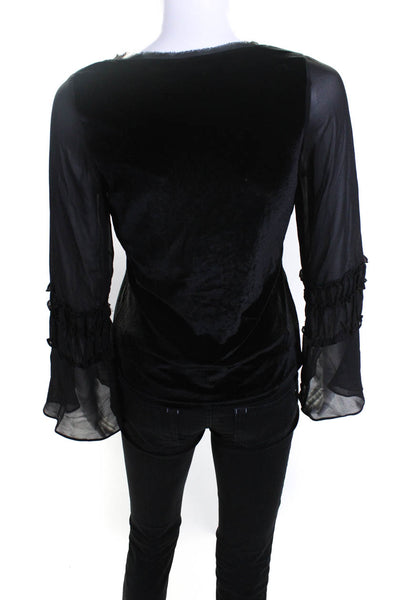 T Tahari Womens Embellished Velvet Long Sleeve V Neck Top Blouse Black Small