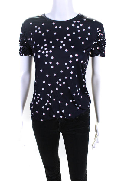 Elie Tahari Womens Ruched Short Sleeve Polka Dot Top Tee Shirt Navy Size Small