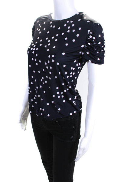 Elie Tahari Womens Ruched Short Sleeve Polka Dot Top Tee Shirt Navy Size Small