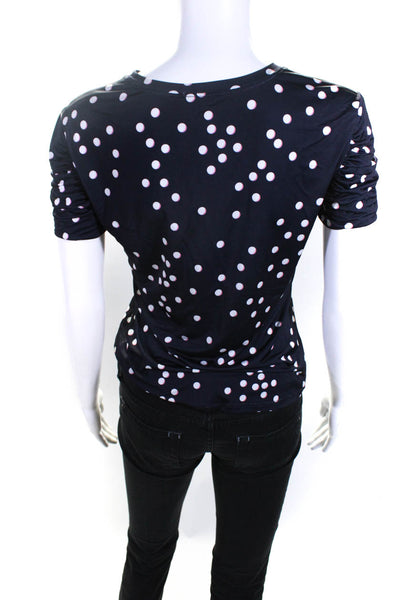 Elie Tahari Womens Ruched Short Sleeve Polka Dot Top Tee Shirt Navy Size Small