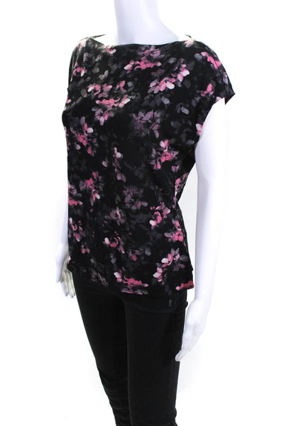 T Tahari Womens Dolman Sleeve Boat Neck Floral Top Blouse Black Pink Size Small