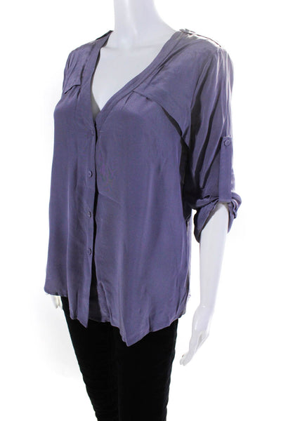 BCBGMAXAZRIA Womens Silk V-Neck Long Sleeve Button Up Blouse Top Purple Size XS