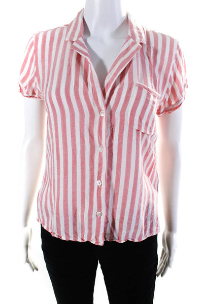 Paige Womens Striped Collared Short Sleeve Button Up Blouse Top Pink Size XS