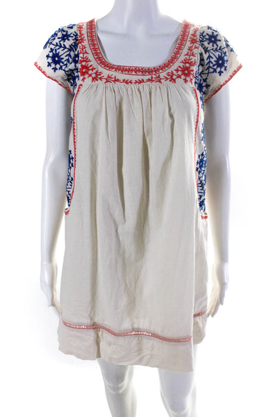 Theme Womens Cotton Embroidered Scoop Neck Sleeveless Dress Beige Size S