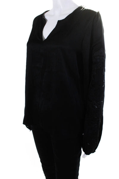 Elie Tahari Womens Black Silk Lace Trim Long Sleeve V-Neck Blouse Top Size S