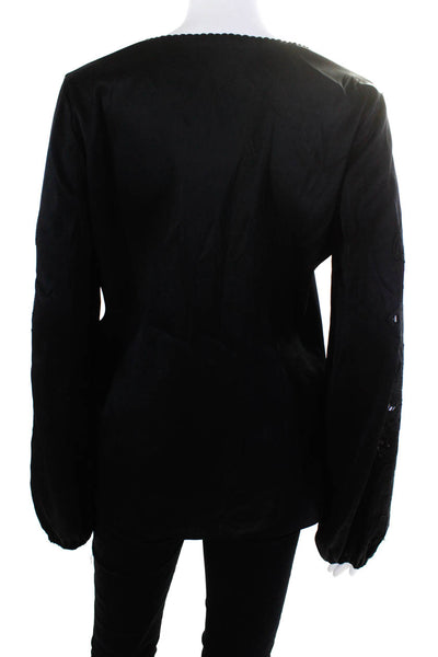 Elie Tahari Womens Black Silk Lace Trim Long Sleeve V-Neck Blouse Top Size S
