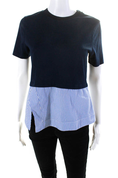 Carven Womens Blue Striped Cotton Twofer Crew Neck Short Sleeve Blouse Top SizeS