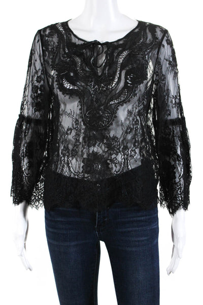 Elie Tahari Womens Sheer Lace Bell Sleeve Tie Neck Top Blouse Black Size Small