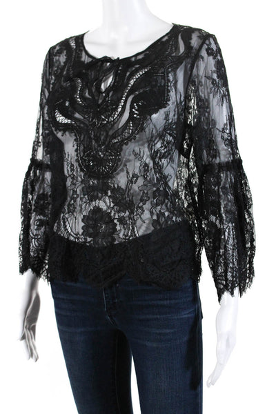 Elie Tahari Womens Sheer Lace Bell Sleeve Tie Neck Top Blouse Black Size Small