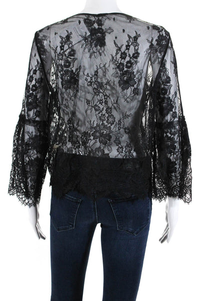 Elie Tahari Womens Sheer Lace Bell Sleeve Tie Neck Top Blouse Black Size Small