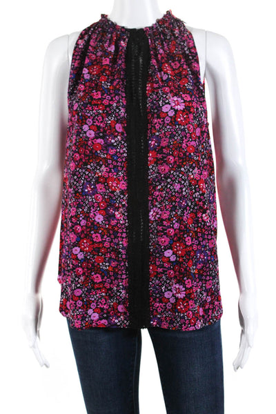 Elie Tahari Womens Lace Trim Sleeveless Floral Top Blouse Black Pink Size Small