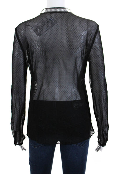 T Tahari Womens Lace Swiss Dot Mesh Button Up Top Blouse Black Size Small