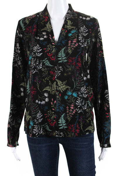 T Tahari Womens Long Sleeve Botanical Print V Neck Top Blouse Black Multi XS