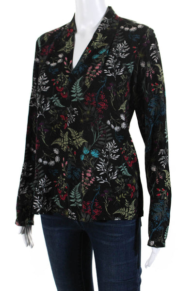 T Tahari Womens Long Sleeve Botanical Print V Neck Top Blouse Black Multi XS