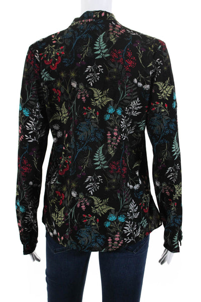 T Tahari Womens Long Sleeve Botanical Print V Neck Top Blouse Black Multi XS