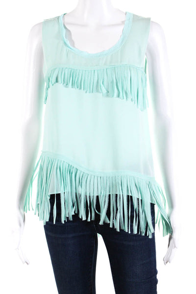 Elie Tahari Womens Fringe Chiffon Sleeveless Crew Neck Top Blouse Mint SMall